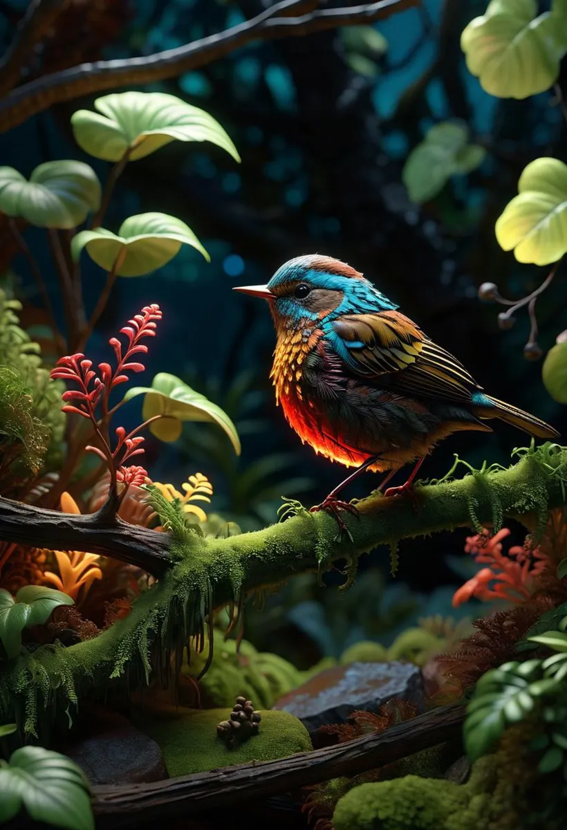 A vibrant, AI generated image using stable diffusion shows a colorful bird perched on a mossy branch in an enchanted forest with lush plants surrounding it.