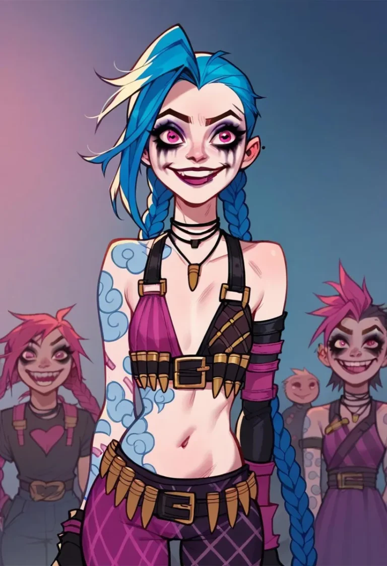 Colorful punk girl with blue hair, pink highlights, and detailed face makeup in anime style, AI generated using stable diffusion.