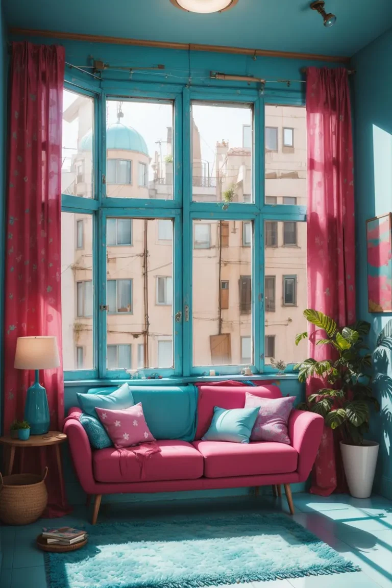 AI generated image of a vibrant living room with a pink sofa and turquoise accents using stable diffusion.