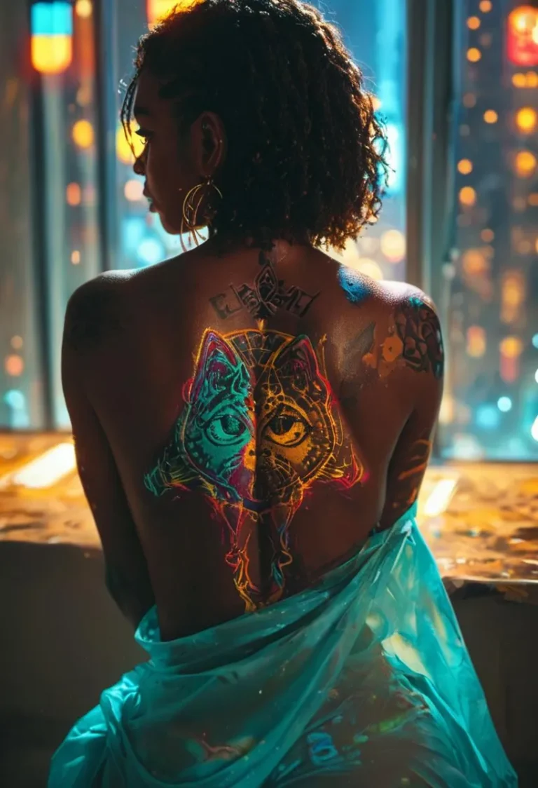 A woman with a colorful back tattoo sitting by a window with a neon cityscape at night. This is an AI generated image using Stable Diffusion.
