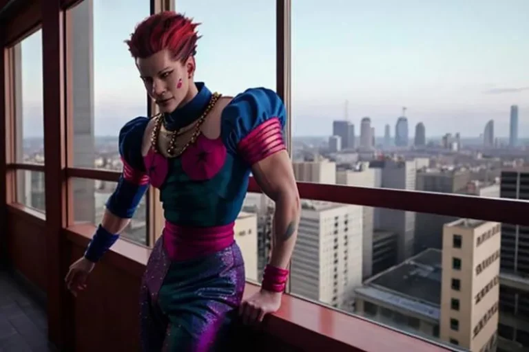 A cosplayer in an extravagant character outfit with spiked red hair, elaborate makeup, blue and pink costume with shoulder pads, standing in front of a large window showcasing an urban skyline. This is an AI generated image using Stable Diffusion.