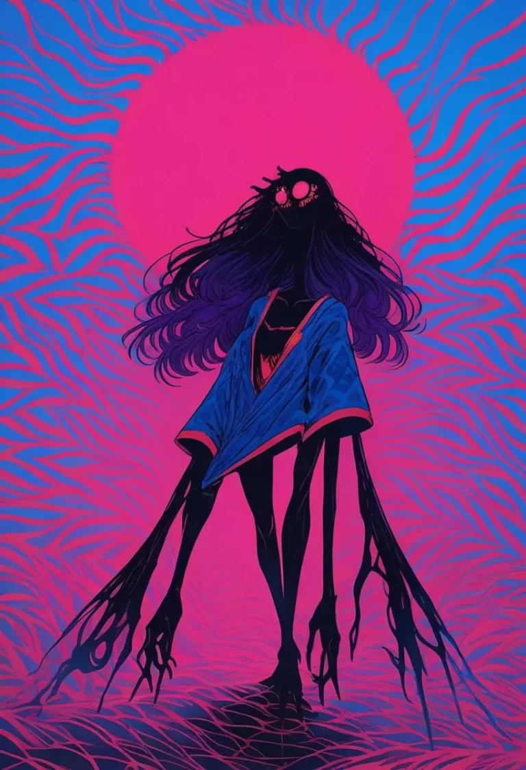 AI generated image using stable diffusion depicting a dark, elongated creature with a cloak-like garment in a psychedelic background with vibrant pink and blue colors.