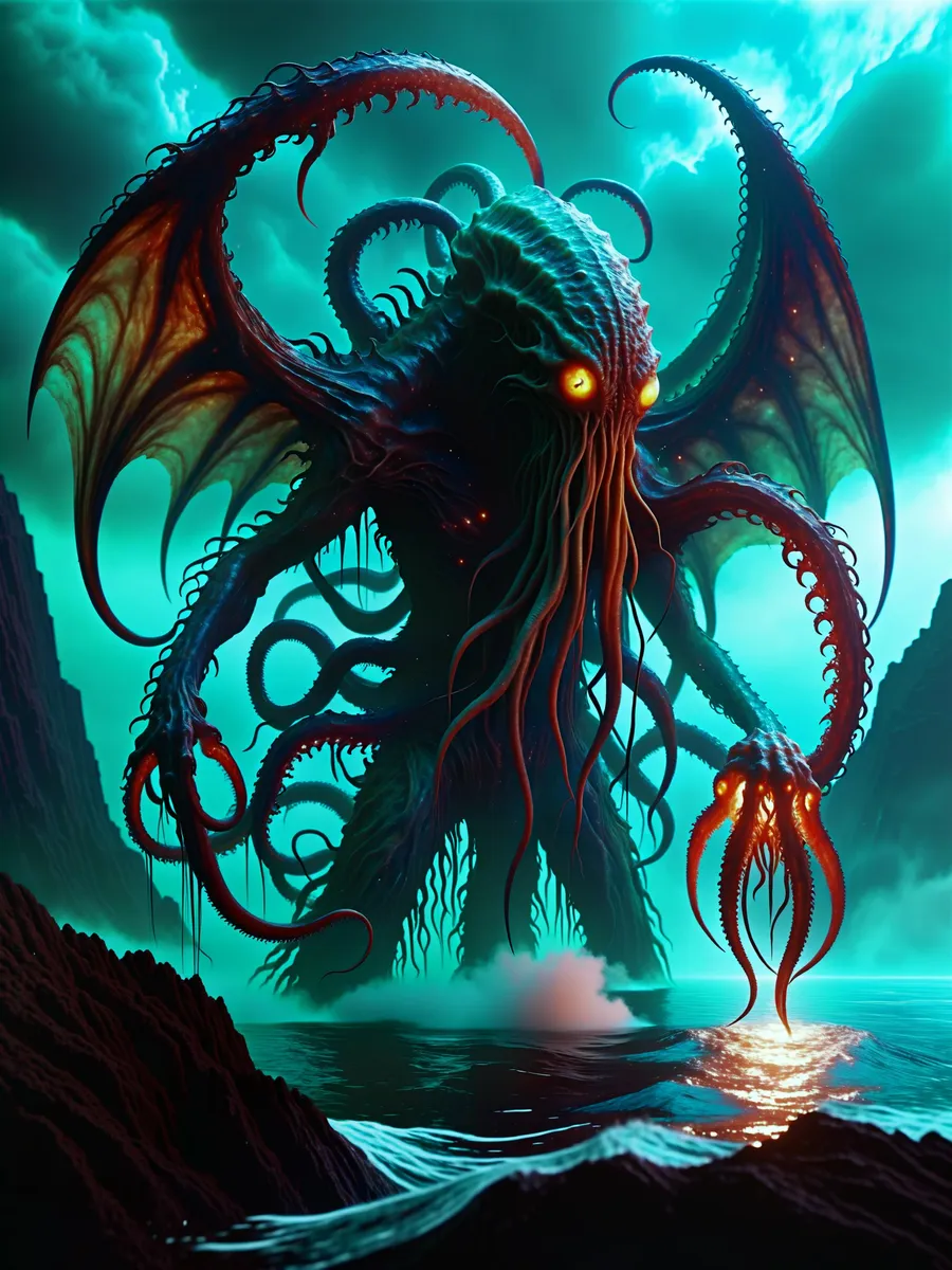A dark fantasy art piece featuring Cthulhu, a Lovecraftian monster with wings, tentacles, and glowing eyes. AI generated image using Stable Diffusion.