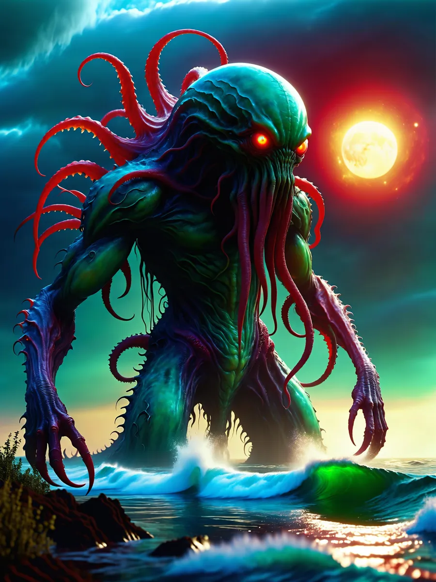 A Lovecraftian Cthulhu monster with glowing red eyes emerging from the ocean at night; AI-generated using Stable Diffusion.