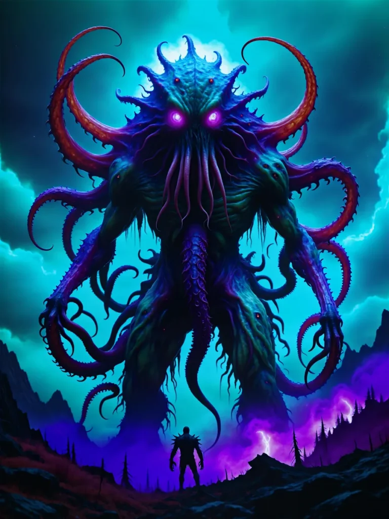 A towering, dark, and monstrous Cthulhu creature with glowing purple eyes and numerous tentacles stands against a stormy, dark background. This is an AI-generated image using Stable Diffusion.