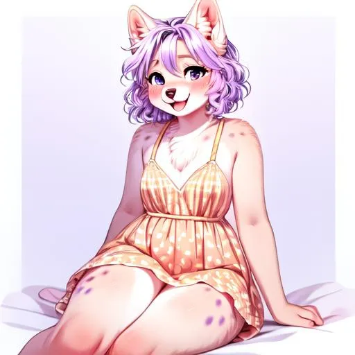 A cute anthropomorphic furry girl with purple hair and a polka-dot dress, created using Stable Diffusion AI.