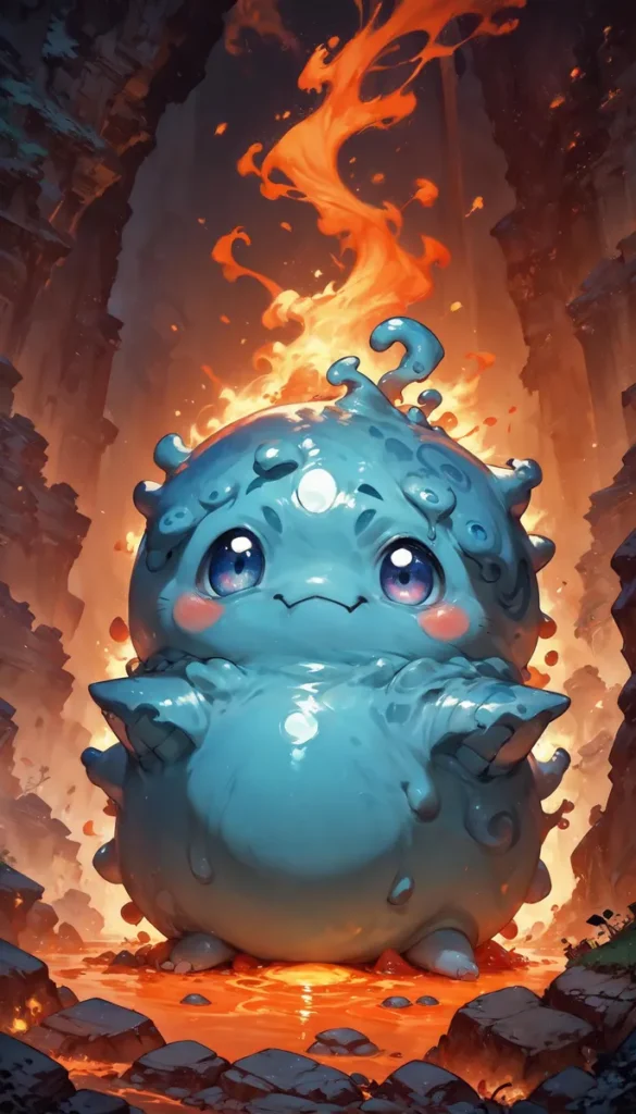 Cute blue monster with purplish-blue eyes and adorable expression standing in a fiery lava-filled cavern. AI generated image using Stable Diffusion.