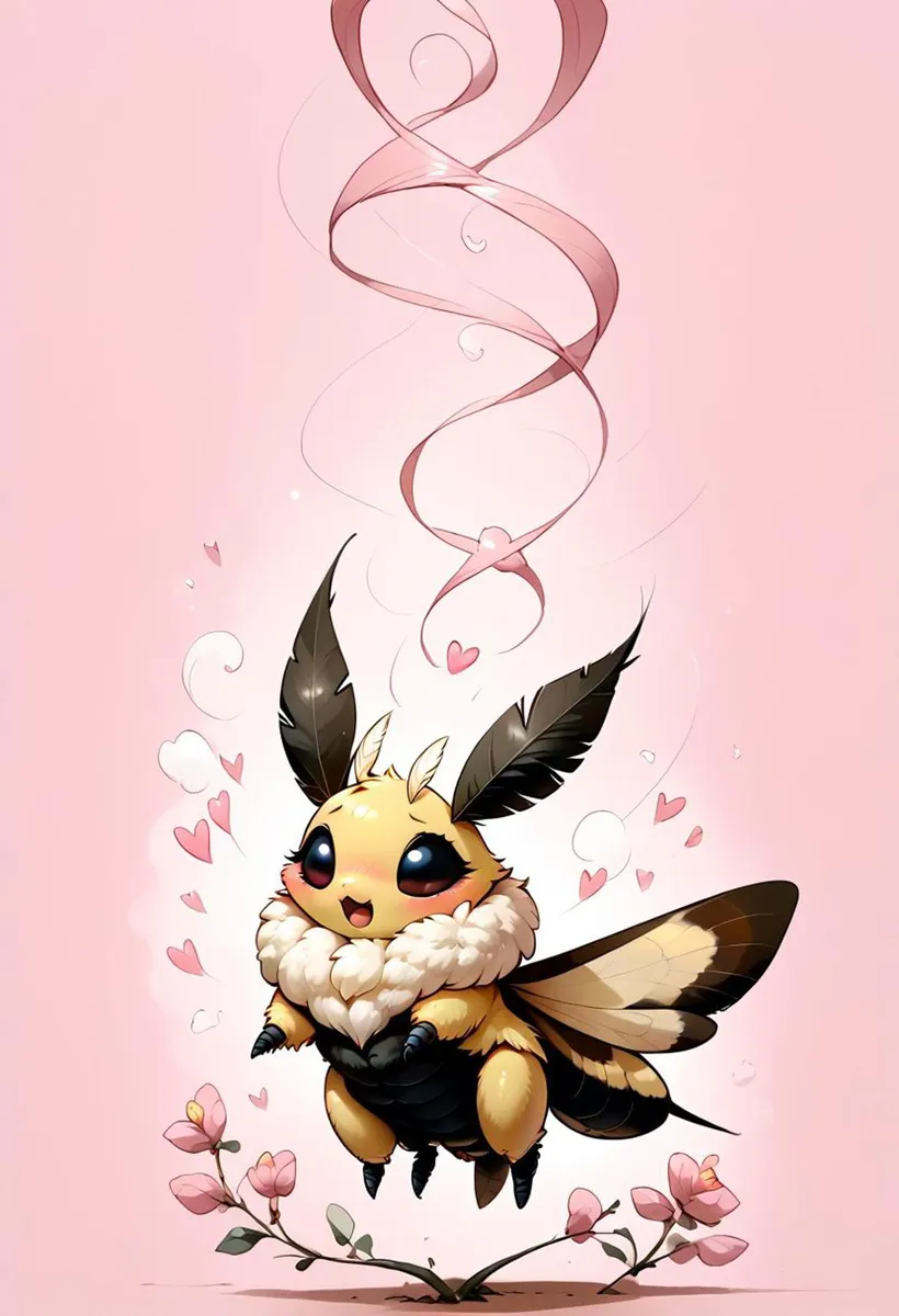 Adorable cartoon moth character with large eyes, fluffy body, and black wings, surrounded by pink hearts and flowers. AI generated image using Stable Diffusion.