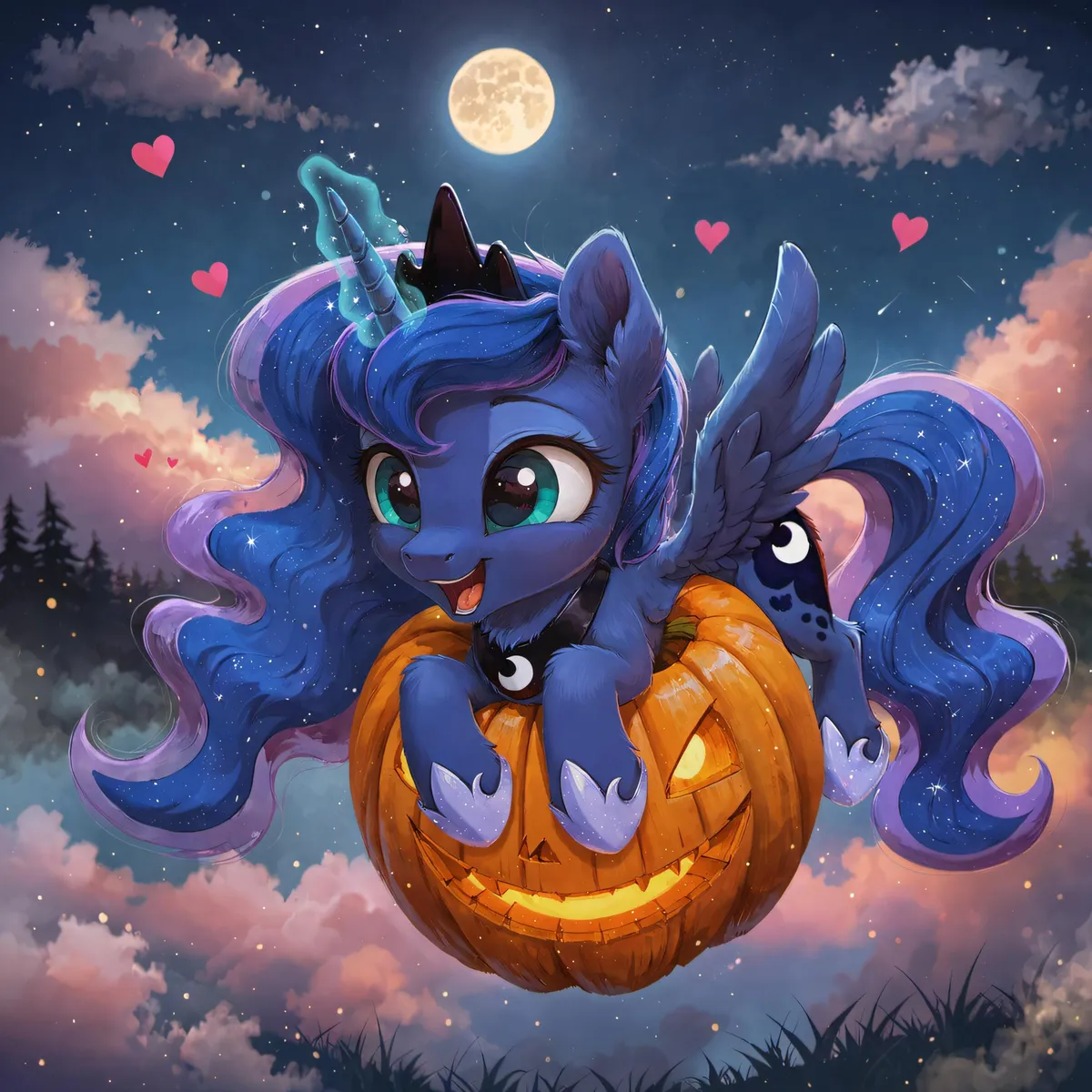 A cute cartoon pony with wings and a unicorn horn, with a black crown and glowing eyes, is joyfully sticking out of a carved Halloween pumpkin against a night sky with a full moon and heart shapes in the background. This is an AI generated image using Stable Diffusion.