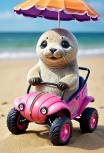 AI generated image of a cute seal sitting in a pink toy car on a sandy beach with an umbrella overhead using Stable Diffusion.
