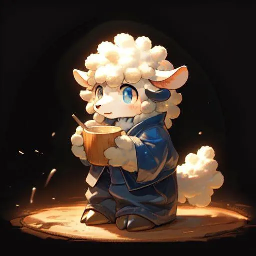 Anime style illustration of a cute sheep character dressed in blue robes, holding a tea cup with both hands. This is an AI generated image using stable diffusion.
