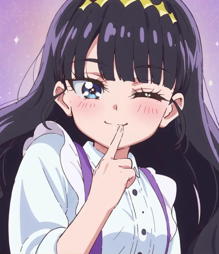 A cute anime girl with long black hair and ribbons winking and holding her index finger to her lips, AI generated using Stable Diffusion.