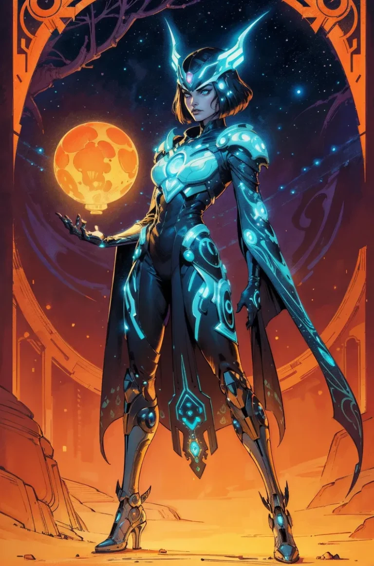 A cyber warrior in sci-fi armor with glowing blue elements, holding an orb with an orange moon-like emblem, standing in a futuristic desert landscape. AI generated image using Stable Diffusion.