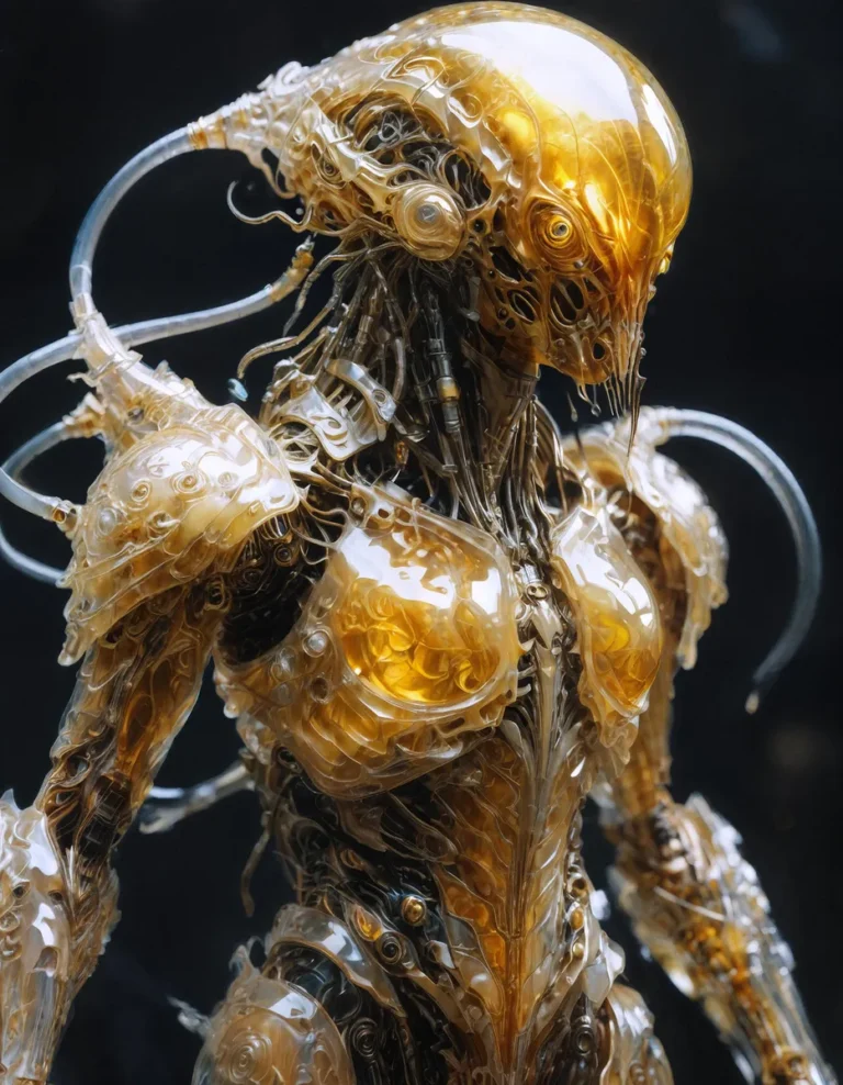 A biomechanical cybernetic being with a transparent, intricate golden exterior. AI generated image using stable diffusion.