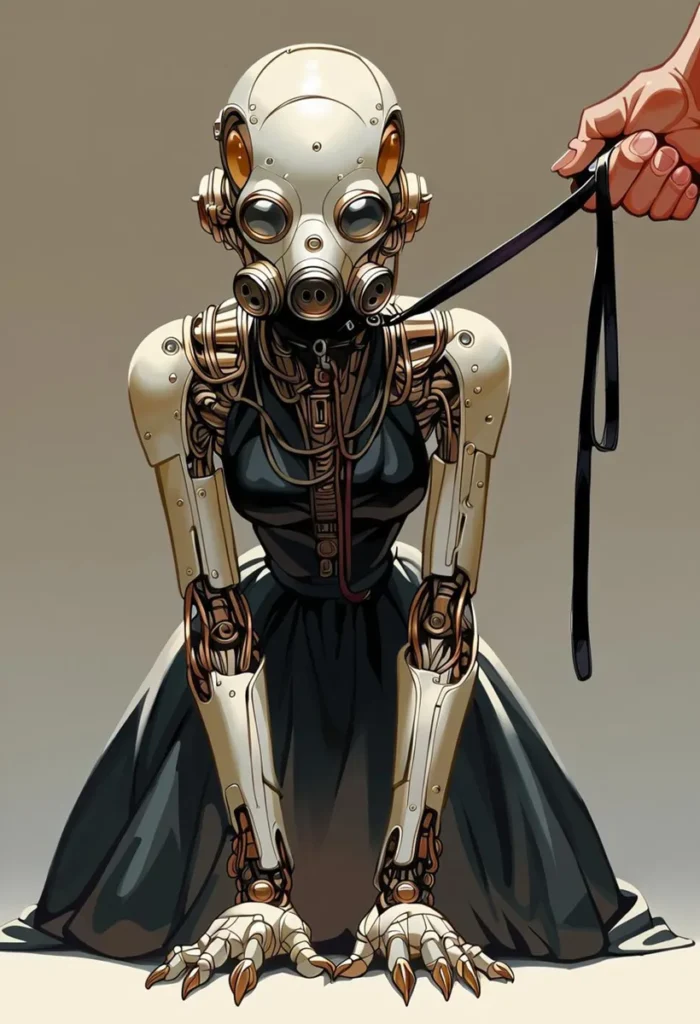 Intricate cybernetic character with mechanical limbs and a gas mask, wearing a dark dress and being led by a leash created using Stable Diffusion.