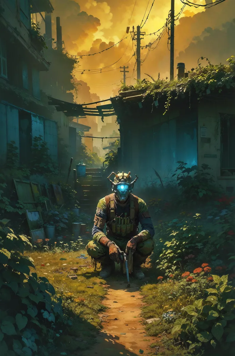 AI generated image of a post-apocalyptic scene with a cybernetic soldier in an abandoned urban area using Stable Diffusion.