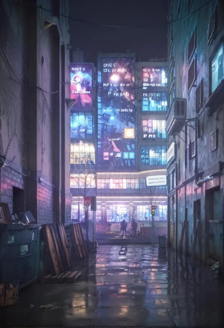 Cyberpunk city scene depicting a dark alley at night with neon-lit buildings displaying colorful signs and advertisements. AI generated image using Stable Diffusion.