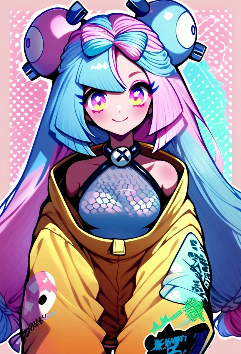 AI generated image of a cute anime girl with long two-toned pink and blue hair, wearing a futuristic yellow jacket, large mechanical hair accessories, and a fishnet top.