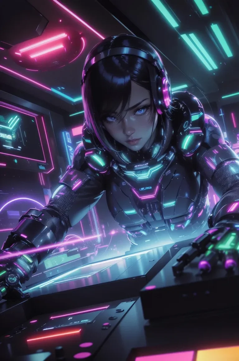 A cyberpunk-themed female hacker in neon-lit futuristic environment, generated by AI using Stable Diffusion.