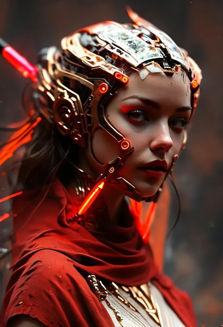 Highly detailed AI generated image using Stable Diffusion featuring a cyberpunk female warrior wearing a high-tech helmet with glowing red lights.