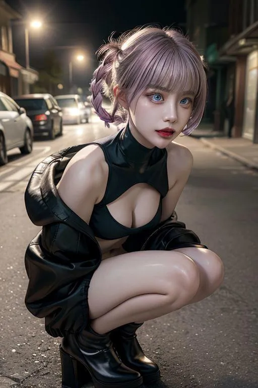 AI generated image of a cyberpunk girl with short purple hair, black cutout top, knee-high leather boots, and black jacket, crouching on a dimly lit night street using stable diffusion.