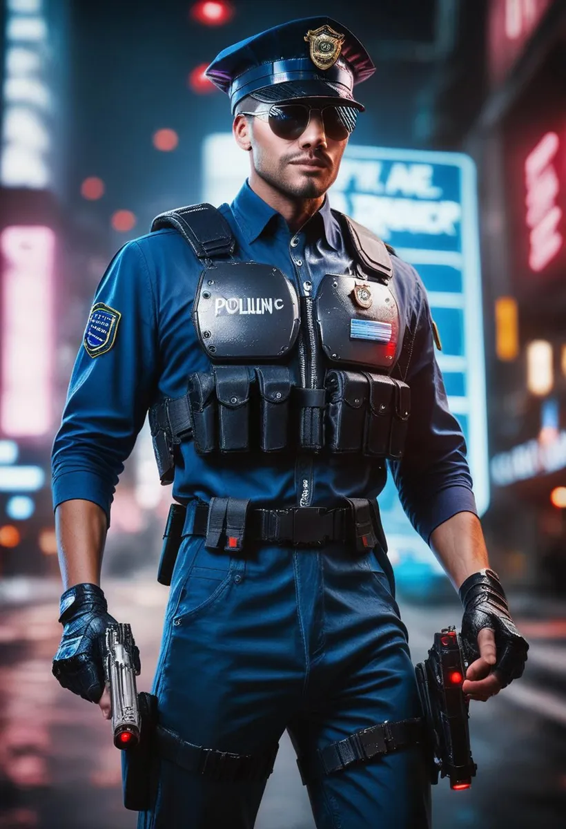 A cyberpunk police officer in tactical gear and sunglasses, standing confidently in a neon-lit futuristic city. This AI generated image uses stable diffusion.