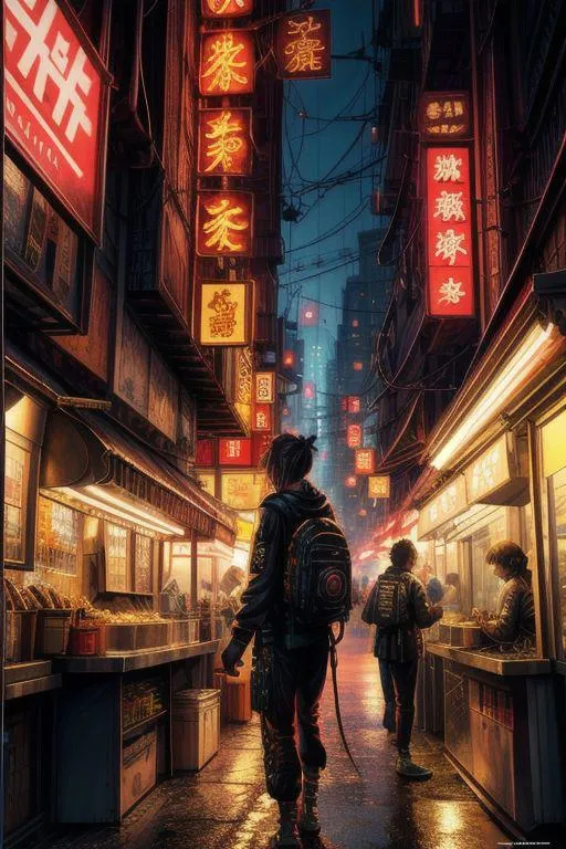 Futuristic alley with neon signs and people at a night market, AI generated image using stable diffusion.