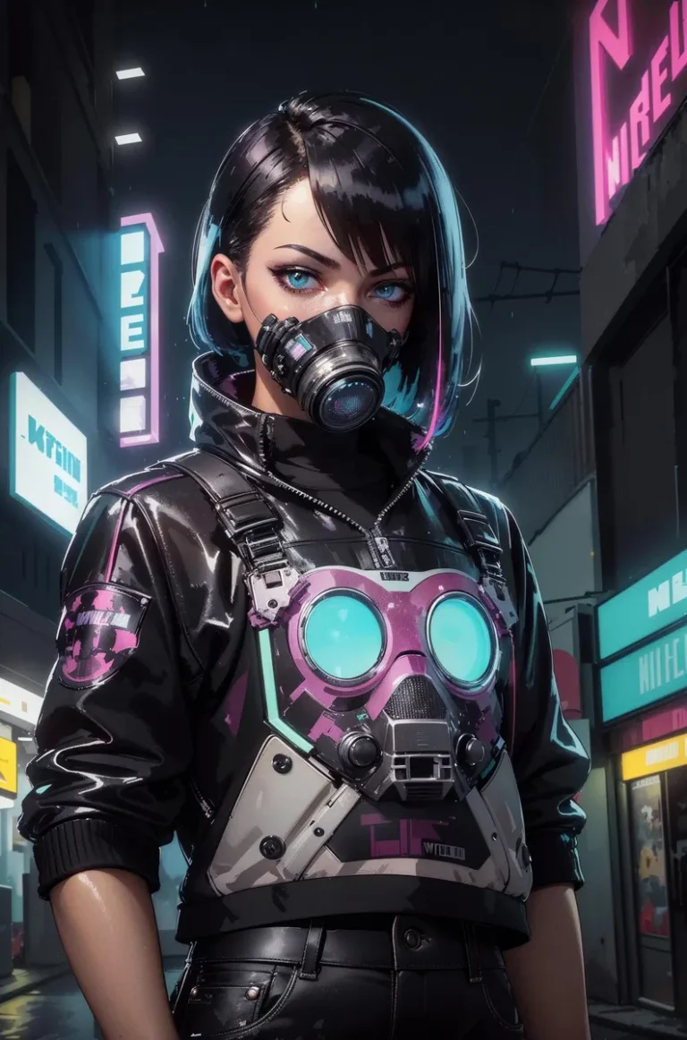 AI generated image using stable diffusion depicting a cyberpunk woman with blue eyes, short black hair, wearing a futuristic black and purple outfit with a gas mask, standing in a neon-lit city street.
