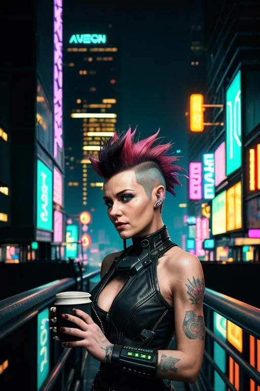A cyberpunk styled woman with a punk haircut, leather outfit, and tattoos, holding a coffee cup in a vibrant futuristic city setting, AI generated using Stable Diffusion.