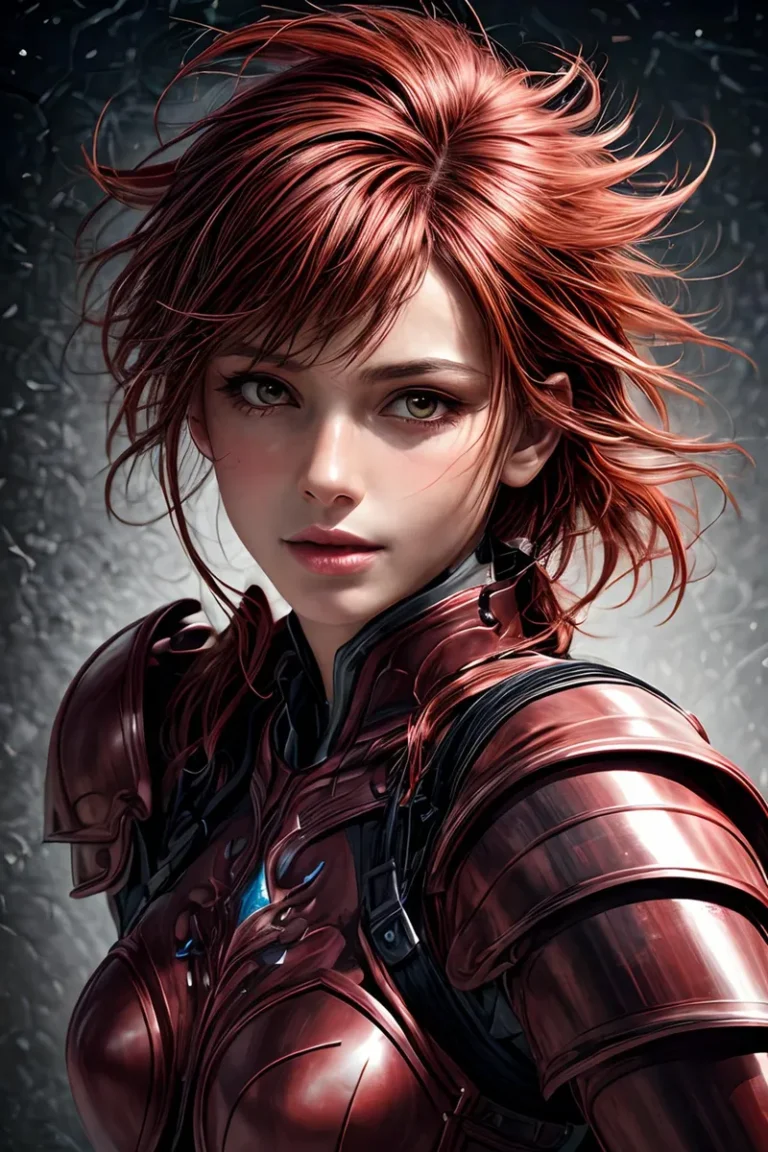 AI-generated image using Stable Diffusion of a woman with red hair and futuristic red armor.