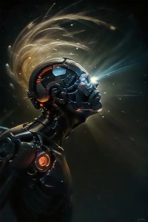 Futuristic cyborg with a humanoid face, exposed mechanical parts, and glowing elements, created using AI and Stable Diffusion.