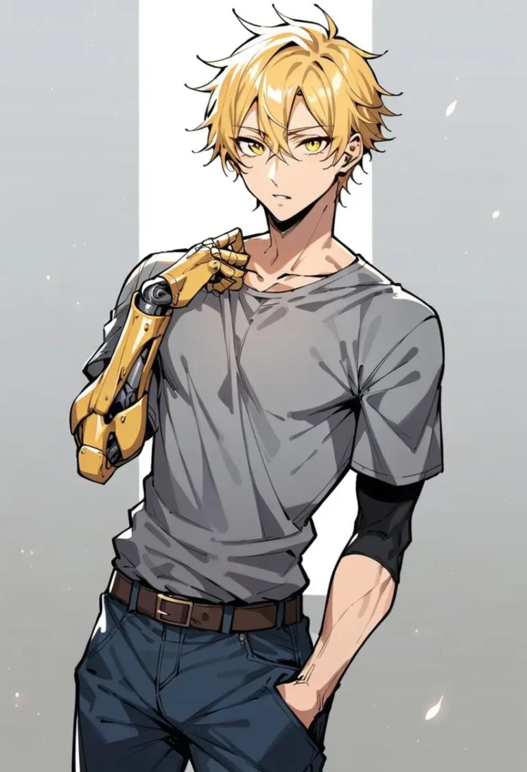 AI generated anime-style cyborg character with blond hair, yellow eyes, and a robotic arm using Stable Diffusion.