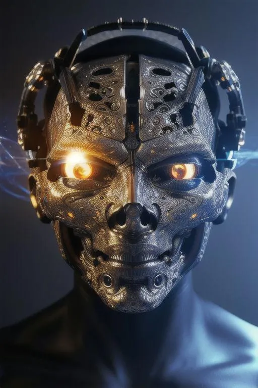A detailed cyborg face with glowing eyes, designed using AI with Stable Diffusion.