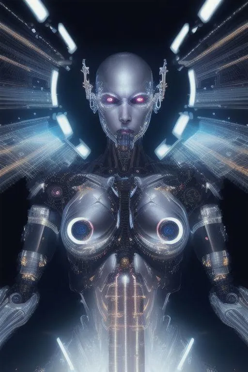 A futuristic cyborg female with intricate mechanical details and glowing red eyes, AI generated image using Stable Diffusion.