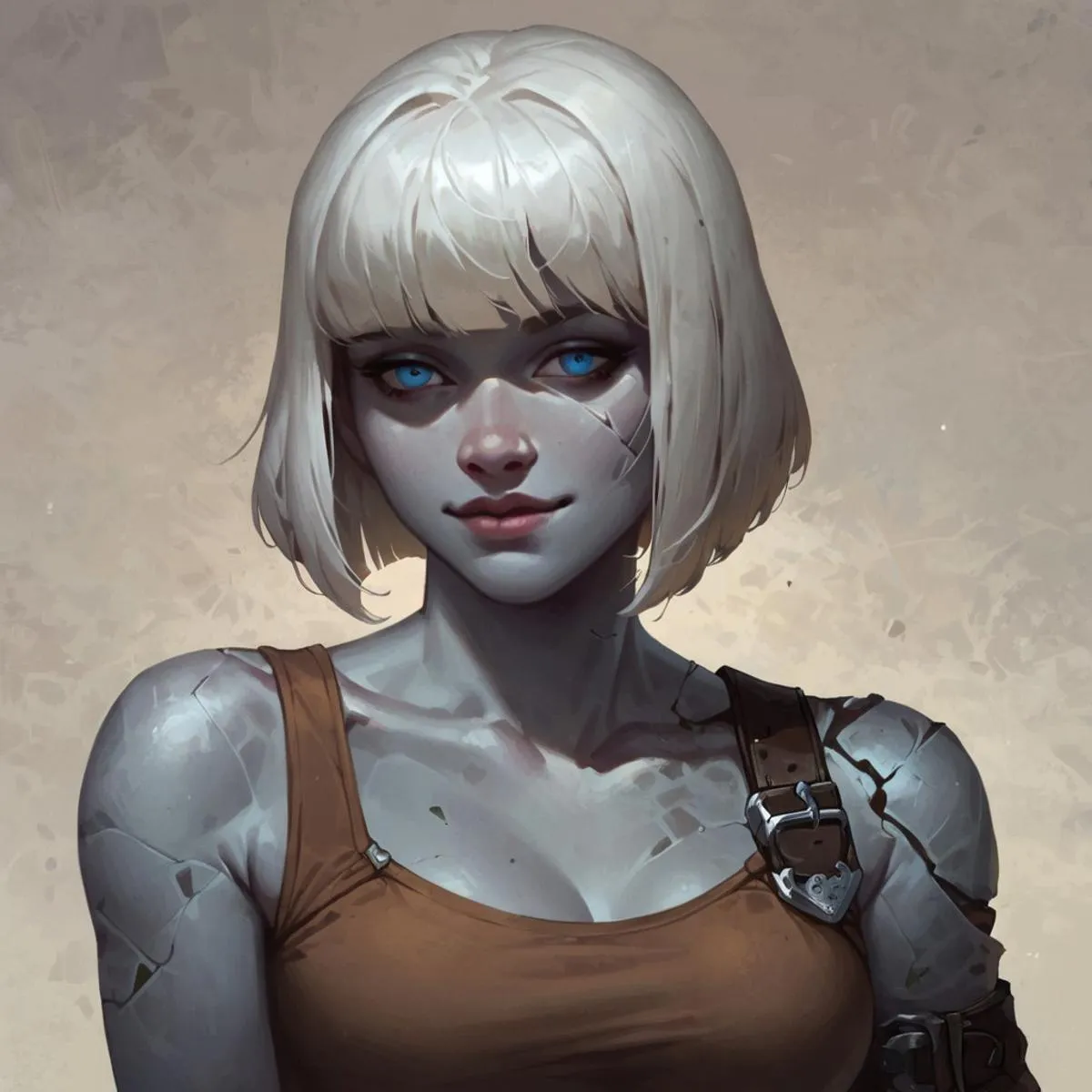 A cyborg girl with blonde hair, blue eyes, and a brown tank top in detailed digital art. This is an AI generated image using stable diffusion.