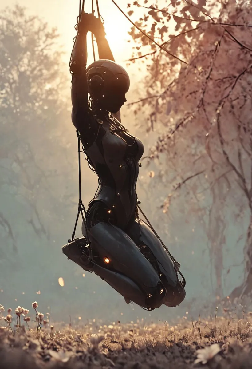 AI generated image of a cyborg swinging in a serene autumn forest with a warm glow using stable diffusion.