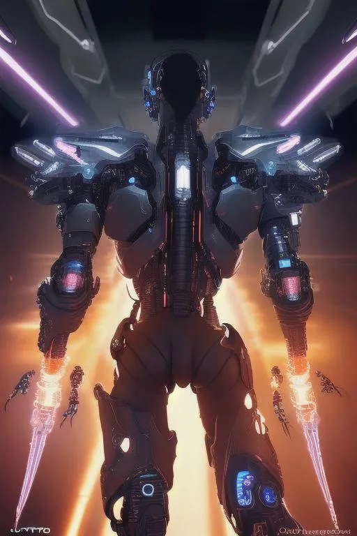 A cyborg warrior in futuristic armor with illuminated robotic arms and glowing weapons, AI generated using Stable Diffusion.