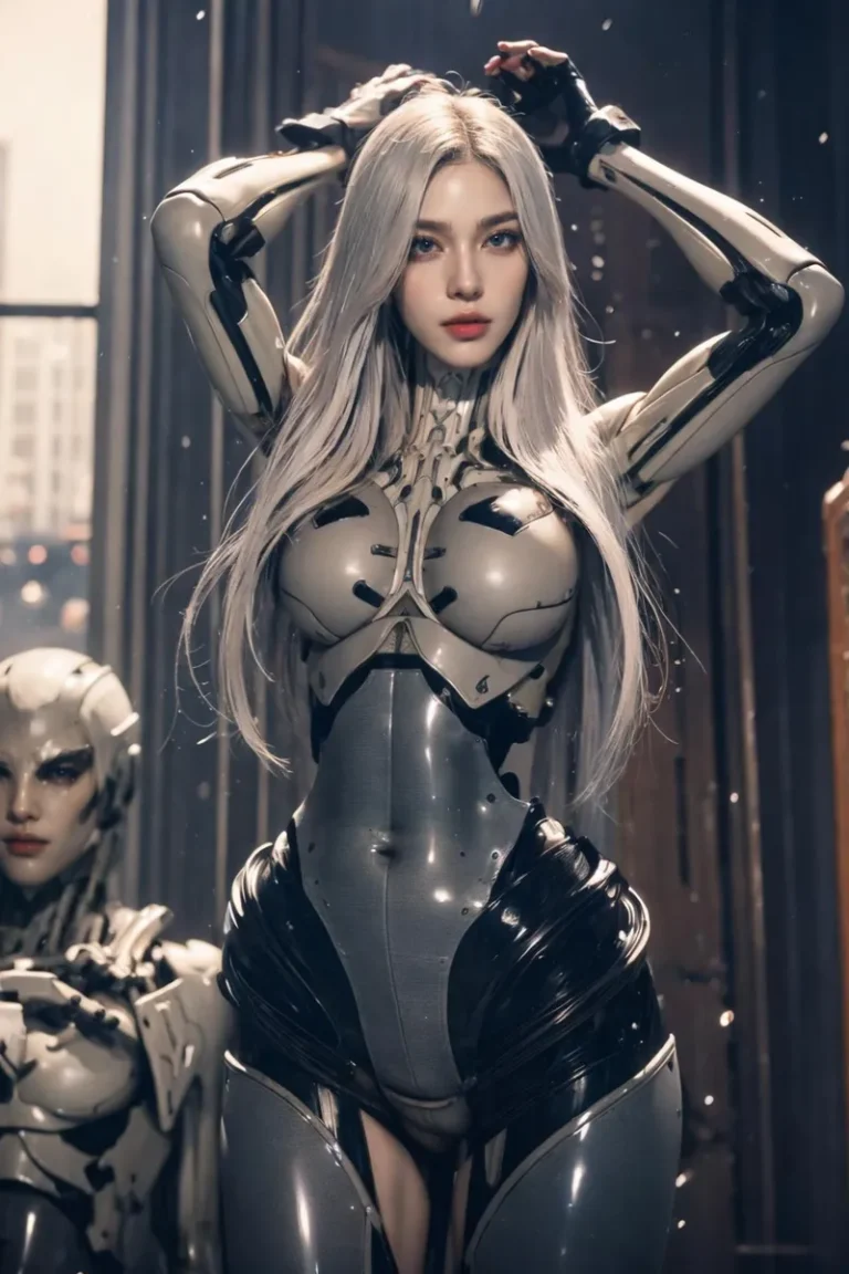 Cyborg woman with long silver hair in futuristic armor, AI generated image using Stable Diffusion.
