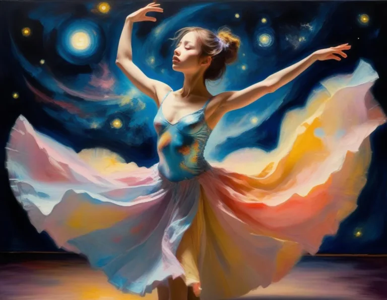 A beautiful AI generated image using stable diffusion of a ballerina dancing under a starry night with flowing dress and graceful pose.