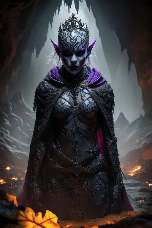 AI generated image of a Dark Elf Queen with a crown and purple accents in a cave using stable diffusion.
