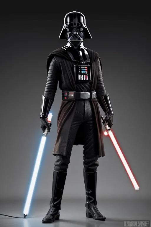Highly detailed AI generated image of Darth Vader cosplay with dual lightsabers using Stable Diffusion.