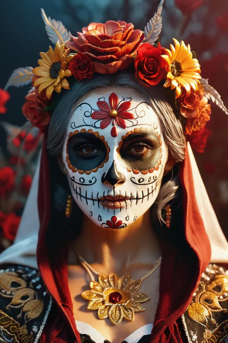 A woman's face with intricate Day of the Dead face paint, adorned with a colorful flower crown, created using Stable Diffusion AI.