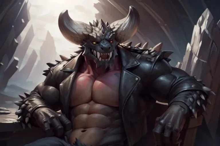A muscular demon warrior with horns and spikes wearing a black leather jacket, created using stable diffusion.