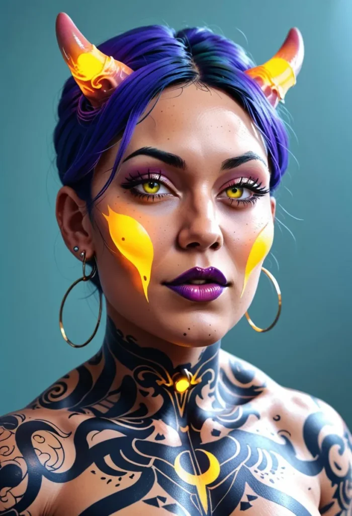 A digital art portrait of a demon woman with vibrant purple hair, glowing yellow horns, and golden eyes, created using Stable Diffusion AI technology.