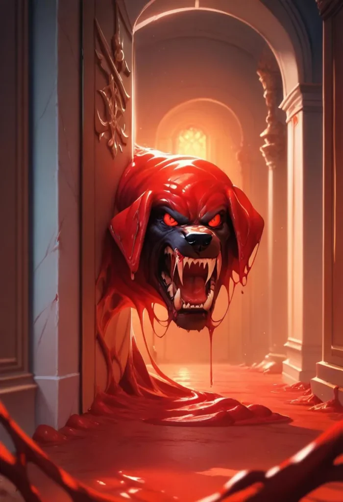 A demonic dog with red glowing eyes, sharp fangs, and melting red form emerging from a hallway's doorway. AI generated image using Stable Diffusion.