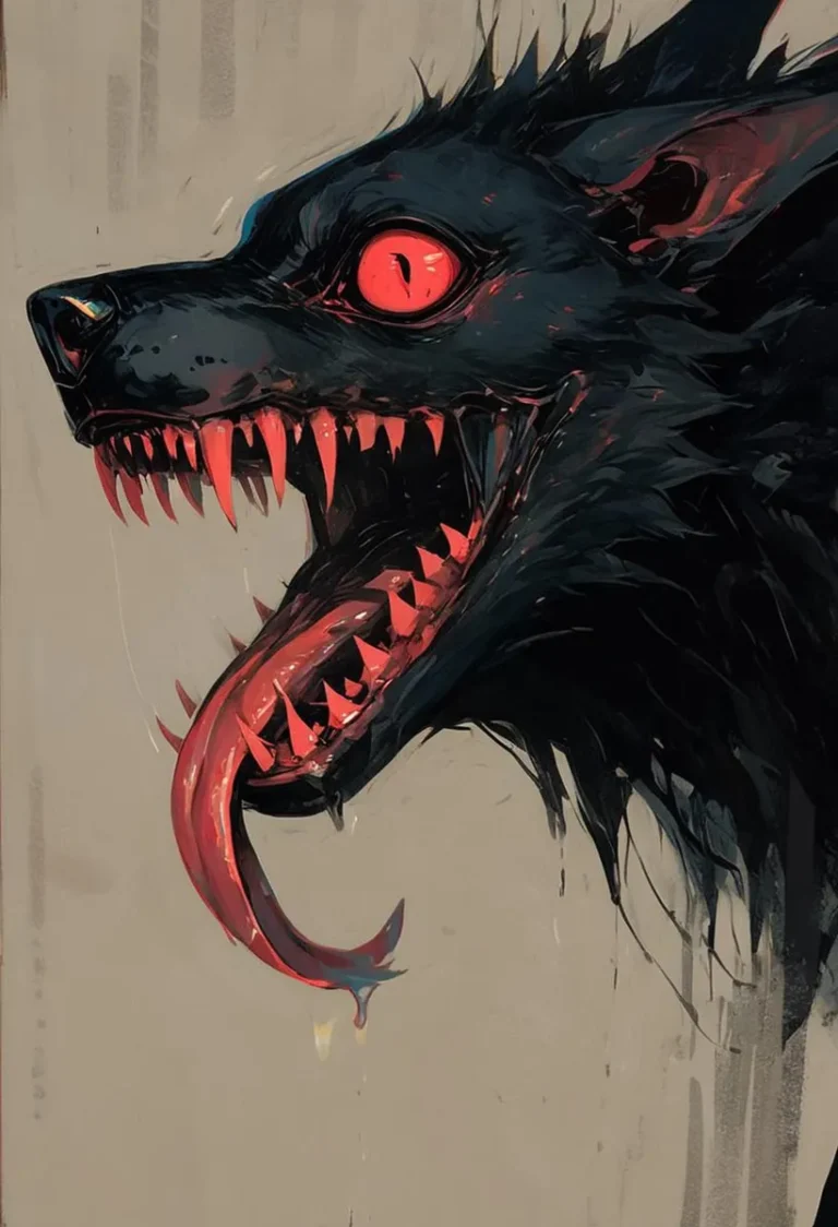 A demonic wolf with glowing red eyes, sharp teeth, and a dripping long tongue. AI generated image using stable diffusion.