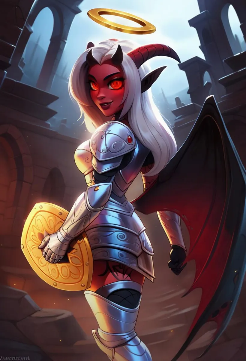 AI generated image using Stable Diffusion of a female demonic knight in silver armor, holding a golden shield, with a halo and red eyes, in a dark ruined castle.