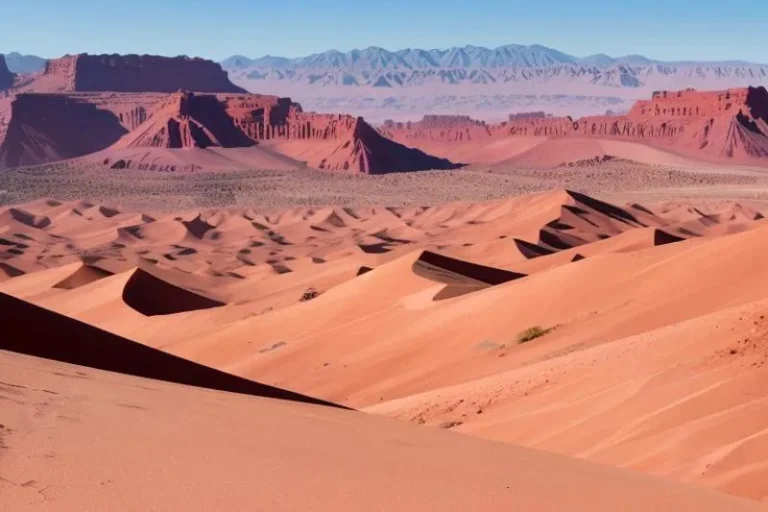 A stunning landscape of a desert with wavy sand dunes in the foreground and prominent red cliffs in the background, created using AI with Stable Diffusion.