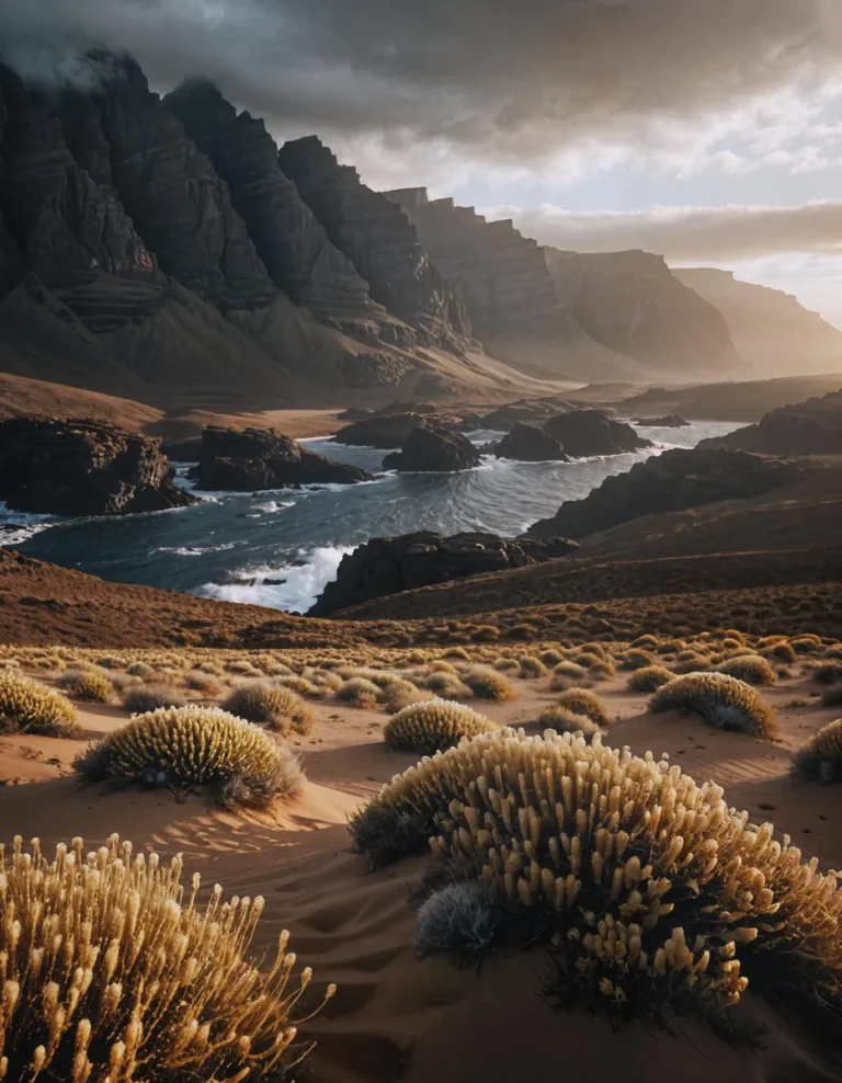 A stunning AI-generated image using Stable Diffusion showcasing a desert landscape adorned with dense bushes in the foreground, rocky coastal scenery with waves hitting black rocks in the midground, and a dramatic mountain range in the background under a cloudy sky.