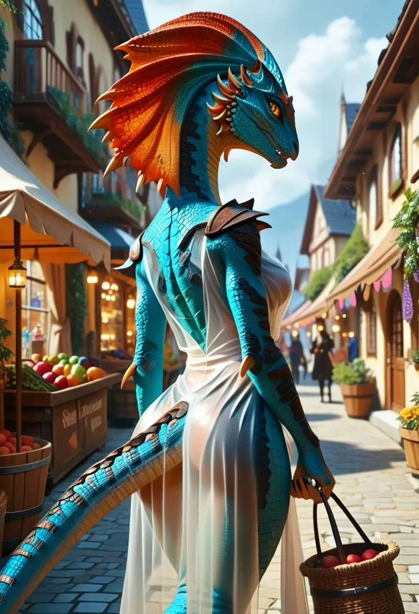 Anthropomorphic dragon with blue scales and vibrant orange frills, wearing a sheer white dress, carrying a basket of apples in a market scene. AI generated image using Stable Diffusion.